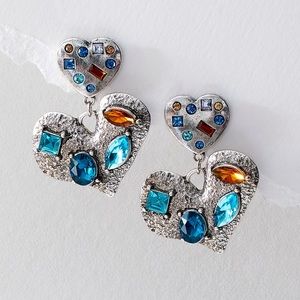 🩵Free People My Everything Silver Heart Dangle Earrings Blue Gemstone Mix Boho